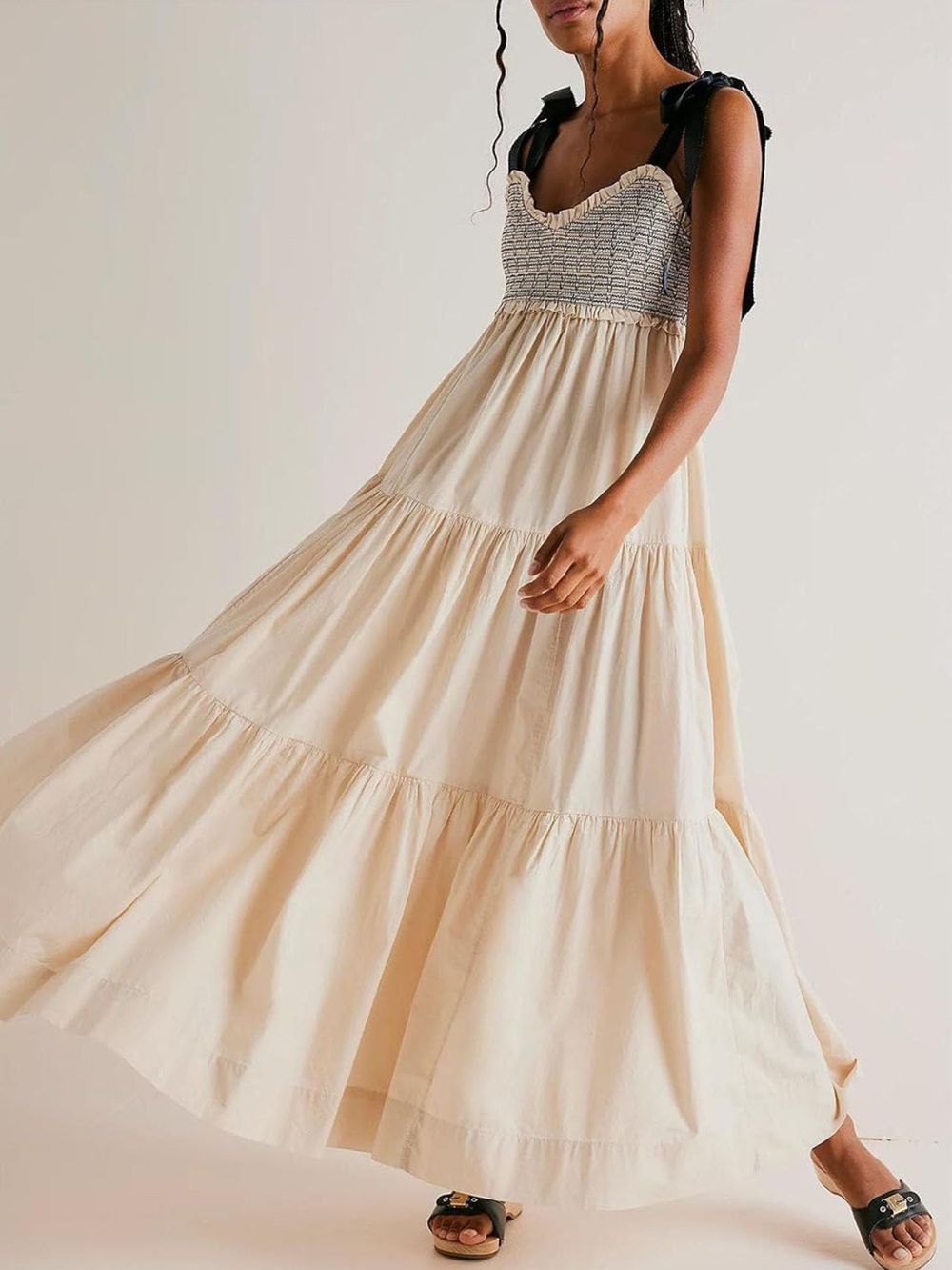 Smocked Bodice Tie-Shoulder Maxi Dress in Cream